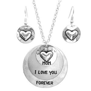 Mom I Love You Forever Heart Mixed Silver Gift Long Necklace & Earrings Set